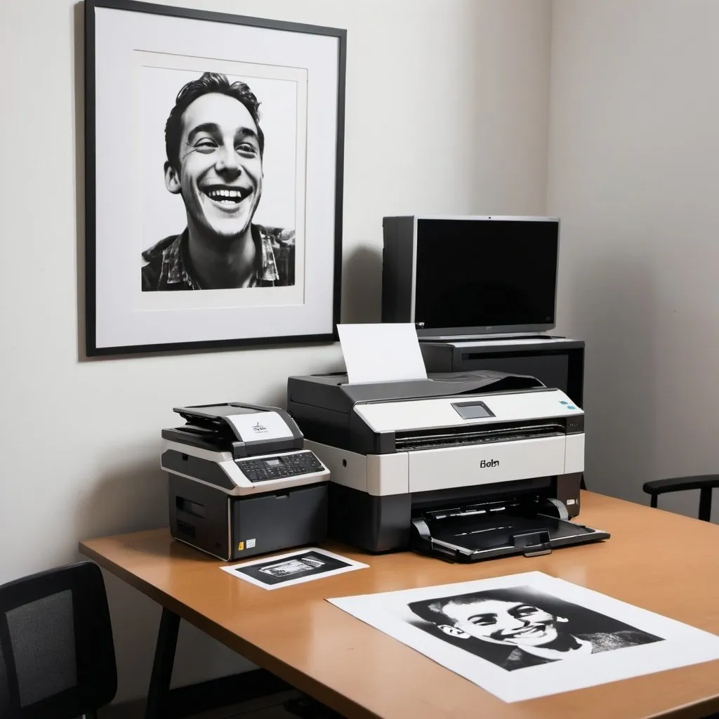 Prompt: a picture frame sitting on top of a table next to a computer monitor and printer machine with a smile on it, Eden Box, les automatistes, medium - format print, a screenprint