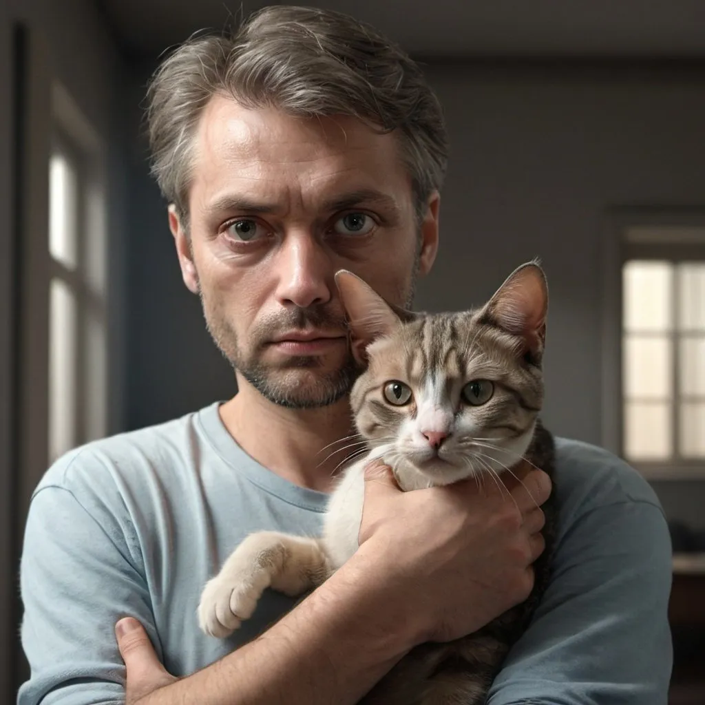 Prompt: a man holding a cat in his arms while looking at the camera with a serious look on his face, Adam Szentpétery, neoism, cgi, a portrait