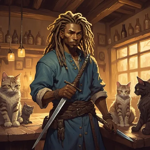 Prompt: gogh, tha half-god character with dreadlocks holding an sword in a tavern  full of cats, fantasy character art, illustration, dnd, warm tone