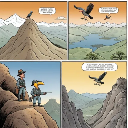 Prompt: a comic strip with a cartoon of a man in a hat and a bird on top of a mountain, Aquirax Uno, cobra, war, a cartoon
