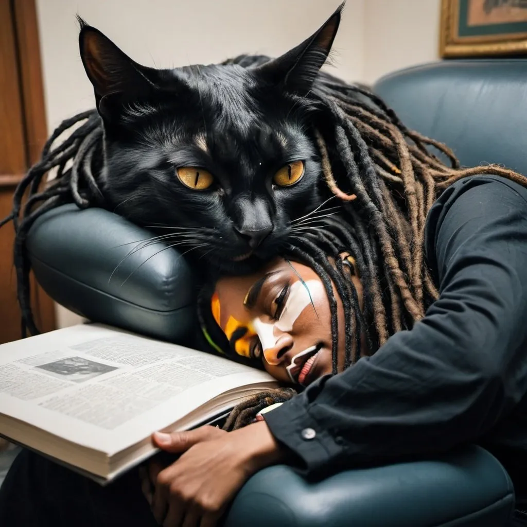 Prompt: a black cat is sleeping on a person's lap while they both have dreadlocks on their head, Dali, vanitas, eyes closed, a photocopy