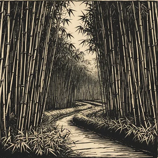 Prompt: Rough woodcut of a field of bamboo