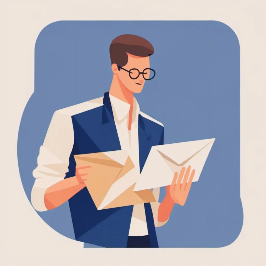 Prompt: <mymodel>one only man receiving an urgent email, envelope. Illustration in light brown, navy, white, grey, light blue colours. Clean white background, navy blue background. Feeling urgent message, professional lighting, highres, detailed man, informal attire, modern, urgent atmosphere