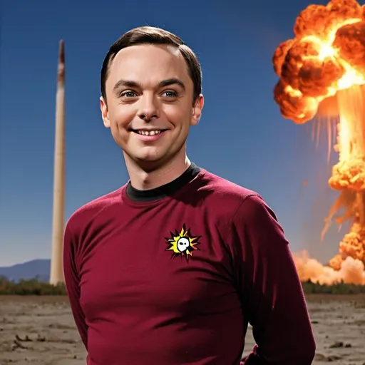 Prompt: Sheldon Cooper from the Big Bang Theory in front of a nuclear blast. He is smiling wickedly.