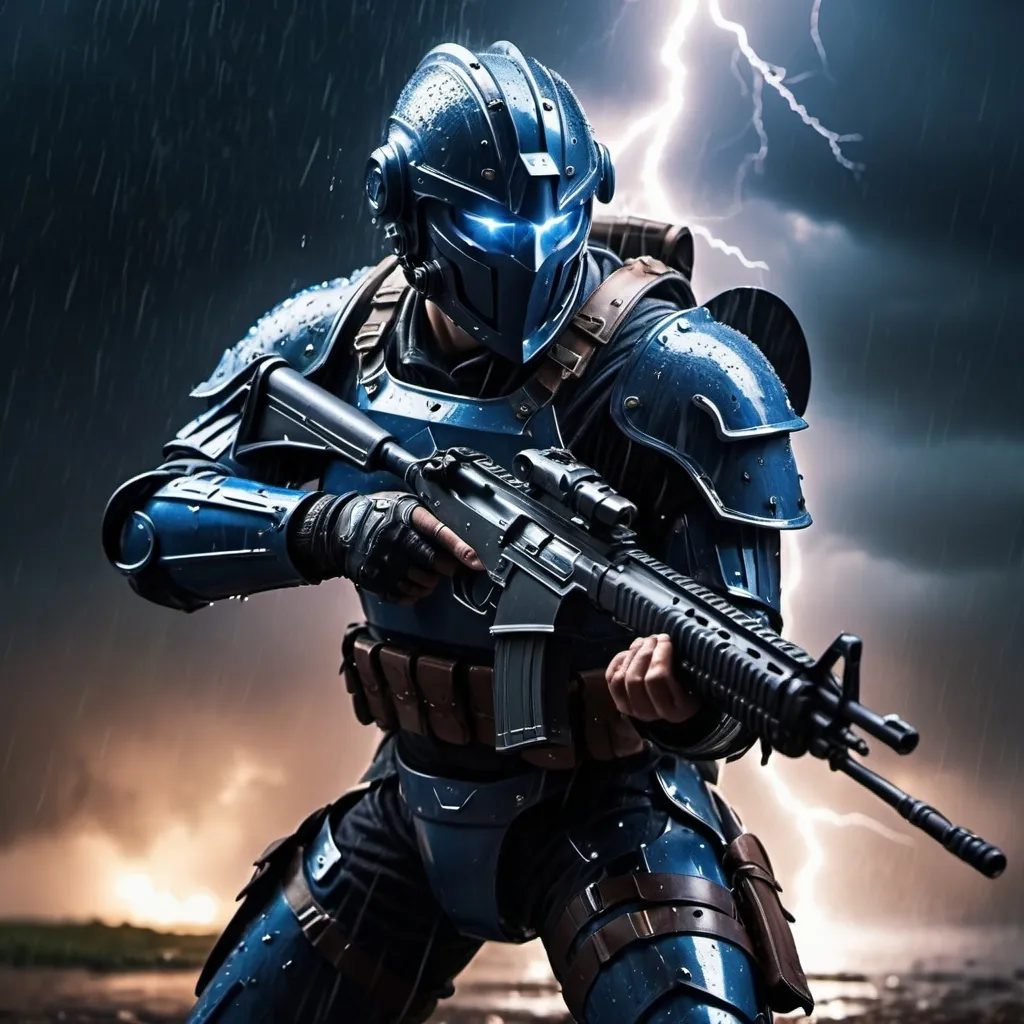 Prompt: Fully armored soldier shooting rifle, (lightning), (blue armor), dynamic pose, dramatic lighting, high contrast, dark tones, intense atmosphere, stormy background, electric sparks, metal armor reflecting light, intricate armor details, rain dripping off armor, rain falling, cinematic depth, moody feel, ultra-detailed, 4K quality.