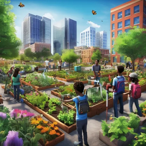 Prompt: a vibrant urban community garden with a man and his neighbors working together. In the foreground, we might see the man tending to his high-tech watering system, while a woman leads a group of students on an educational tour. The garden could be shown teeming with life - colorful flowers, vegetables, and herbs, with bees and butterflies flitting about.

In the background, we could see the city skyline, emphasizing the urban setting. Perhaps there could be visual elements representing the AI, like subtle digital overlays showing plant information or connecting lines between people to represent the app's social networking aspect.