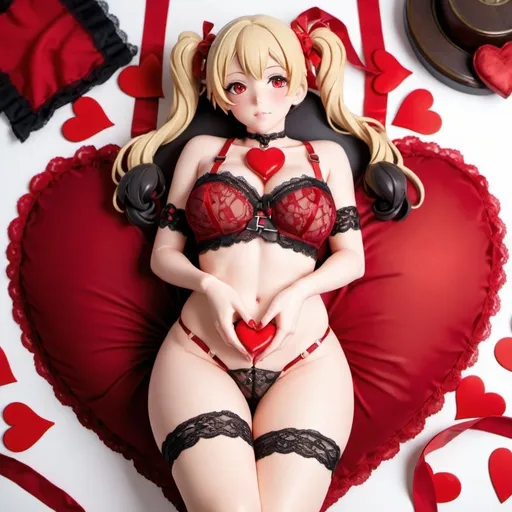 Prompt: Scale pvc figurine, anime figurine, bishoujo figure, woman(blonde twintails, curvy, busťy, wide hipś, huge breasť, heart shaped nïpple pasties, red lace garter on thigh, black stockings, red lace crotchless pànties,), product photography, shot from above, laying on her back, legs spread with feet behind head, hand on thighs, detailed eyes, detailed hands, detailed feets