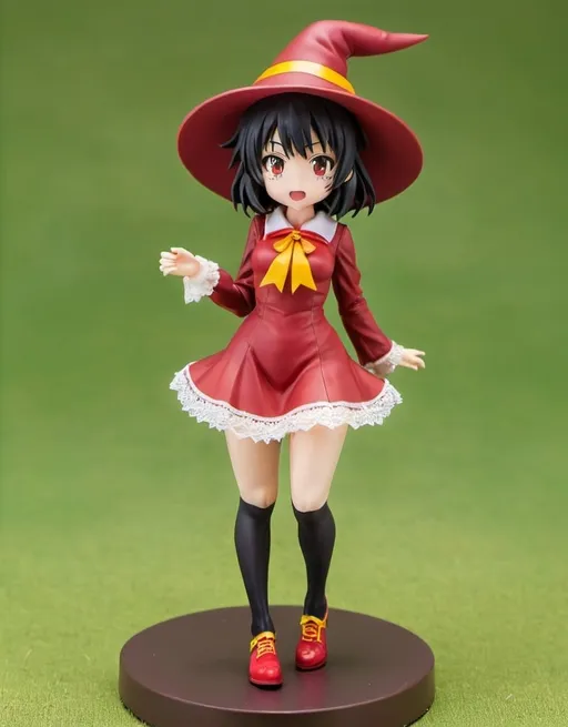 Prompt: Display model, Scale pvc figurine, anime action figure, Megumin( girl, short black hair, witches hat, red dress with yellow trim, black thigh high socks, red shoes, white lace panti, embarrassed expression, blushing), konosuba,  lifting her dress to show of her panti, the model in on a circular base stand covered in grass, the model is in the middle of a white cube, 