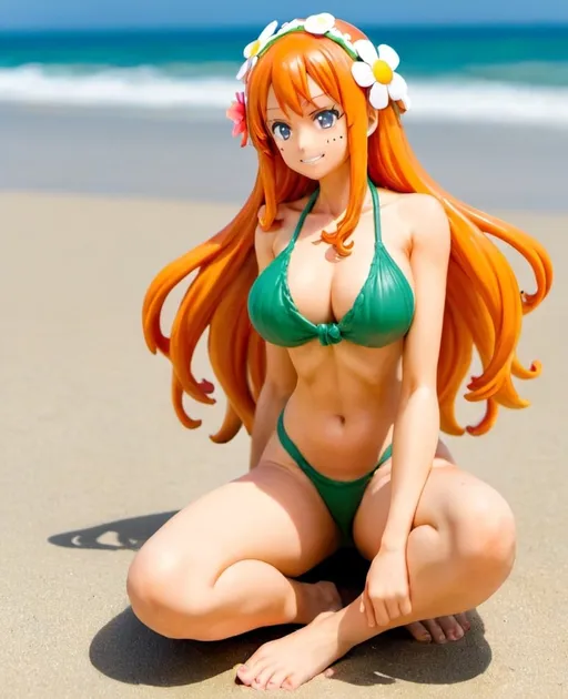 Prompt: Beach setting, Scale pvc figurine, anime figurine, bishoujo figure, woman(orange long hair, extremely büsty, small waist, huge breasť, nàked, orange pübic hair, large huge areola, green micro kini, flower in hair), erötic pose, beach setting, daytime, product photography, shot from below, she is seated with legs spreaf, detailed eyes, detailed hands, detailed feets, squatting, shot from underneath the woman, pantƴ shot, Nami from one piece, sitting 