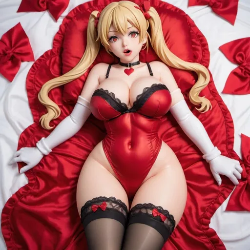 Prompt: Scale pvc figurine, anime figurine, bishoujo figure, woman(blonde twintails, curvy, busťy, wide hipś, huge breasť, red heart nïpple pasties, black stockings, crotchless pànties, blushing, shameful expression, nàked, püssy showing, püssy lips), erötic pose, product photography, shot from above, laying on her back, legs spread wide open, detailed eyes, detailed hands, detailed feets, she is laying on red silk sheets