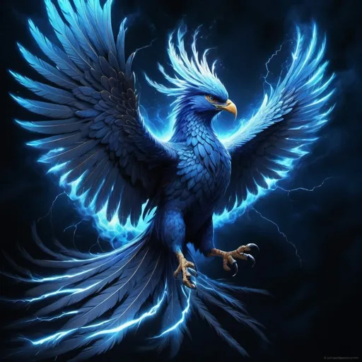 Prompt: (blue phoenix), majestic and powerful, surrounded by dynamic lightning bolts, rising triumphantly from glowing ashes, dramatic lighting effects, mystical ambiance, vibrant and electric color palette, high energy and movement, blazing feathers with deep blues and hints of silver, ultra-detailed, mesmerizing display of rebirth and resilience, ethereal background capturing the essence of awakening energy, HD.