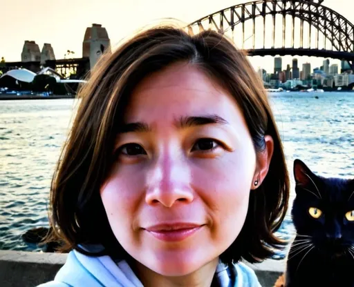 Prompt: create a avatar of myself doing yoga with my dog and I have a teenage daughter and a black cat. My dog is a brown labradoodle. 
I am a female and korean at mid 40 but looking younger. I would like to include my cat and daughter in a bckground and sydney harbour bridge as well?? 
