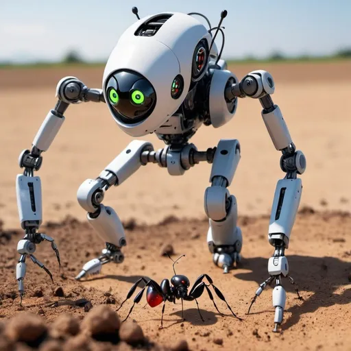 Prompt: A robot picking an ant in a war field.