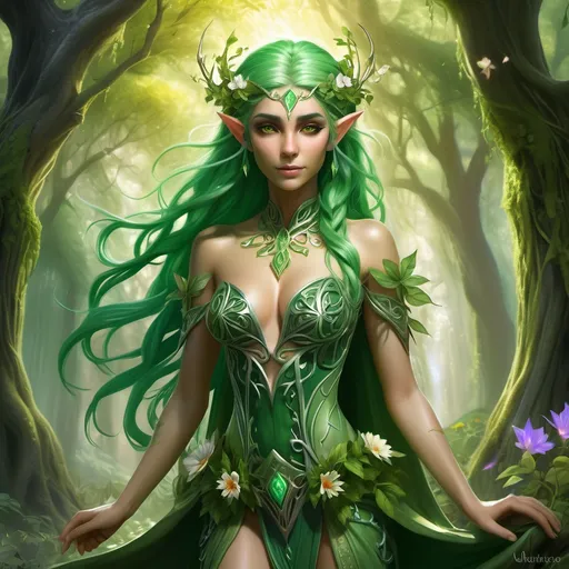 Prompt: (eladrin elf), full body, (elemental theme), vibrant green tones, lush green hair, intricate green clothing, adorned with vines and blooming flowers, magical aura radiating from her, powers of earth evident, serene and enchanting ambiance, richly detailed textures, warm sunlight filtering through, ultra-detailed background of a mystical forest, high-quality, 4K, ethereal atmosphere.