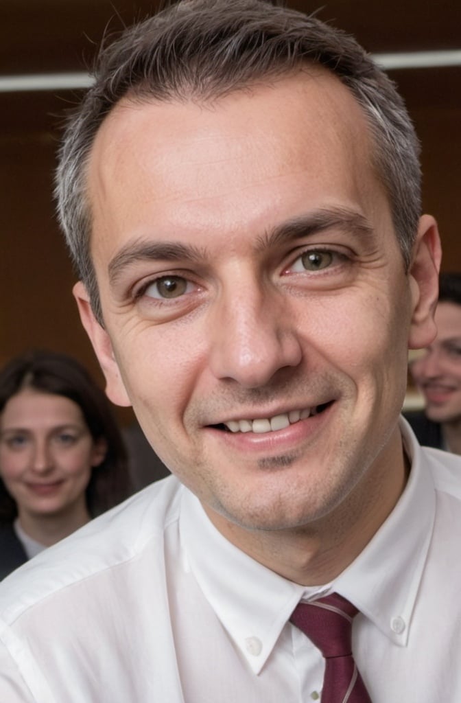 Prompt: a man in a white shirt and tie smiling for a picture with other people in the background behind him, Andrei Kolkoutine, les automatistes, thierry doizon, a character portrait