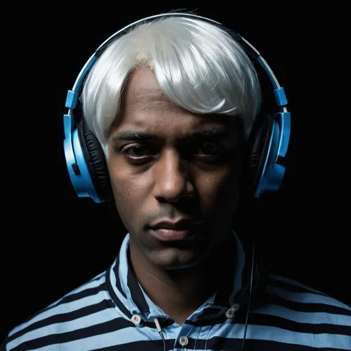 Prompt: a man with a white wig and a blue and black striped shirt and headphones on his face and a black background, Cedric Seaut (Keos Masons), mannerism, dramatic cinematic lighting, a character portrait