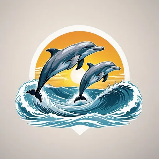 Prompt: The logo with two dolphins of the same size looking in the same direction, the Sun, waves, the Earth.  The background is white, the colors are bright, the sun is yellow, the style of the image is modern, elegant  and professional. The size of the waves is medium. Dolphins represent play, freedom, joy and intelligence. The logo  aspires to the image of coaching and evolution.