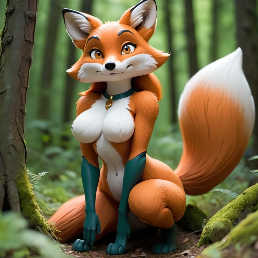 Prompt: An anthro fox with a curvy body in the forest