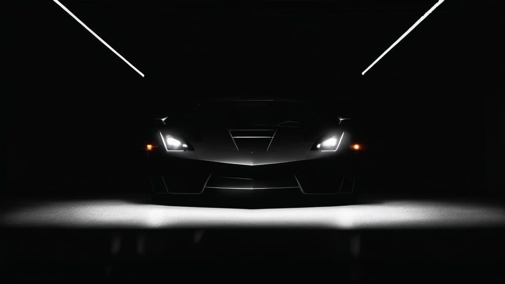 Prompt: a black sports car in a dark room with lights on it's headlight and the front lights on, Daarken, mannerism, dark night, a black and white photo