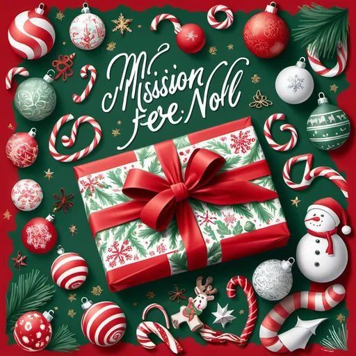 Prompt: artwork in xmas mood, colour mainly red pine green and white, gifts wrapped in paper, candy canes, xmas balls, snow, title in the middle, title is 'Mission Père Noël', title written in joyfull font