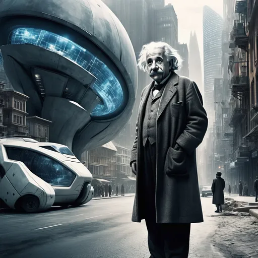 Prompt: Albert Einstein standing on the streets of a futuristic city