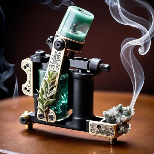 Prompt: tattoo machine made from crystals and 
 sage that is smoking.  

