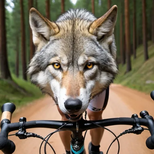 Prompt: ciclista de montaña con cabeza de lobo
