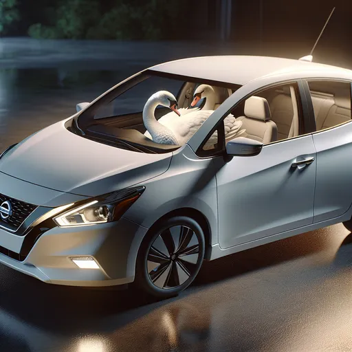 Prompt: A photorealistic image of a mute swan sitting in the driver's seat of a white Nissan Versa 2016, captured from outside the car, the swan is behind the glass sitting on the drivers seat. The scene is set in the late afternoon with dynamic lighting highlighting the contours of the car and the swan. Realistic reflections on the car windows and body, with detailed glass transparency effects allowing the swan's graceful posture to be visible through the window. The composition is highly detailed with sharp focus, emphasizing the textures of the car's interior and the feathers of the swan. Subtle environmental reflections on the car's surface add to the realism, dynamic contrast, and shadowing to enhance the depth of the image. (photographic:1.3), (realism:1.2), (high detail:1.4), (dynamic contrast:1.2).