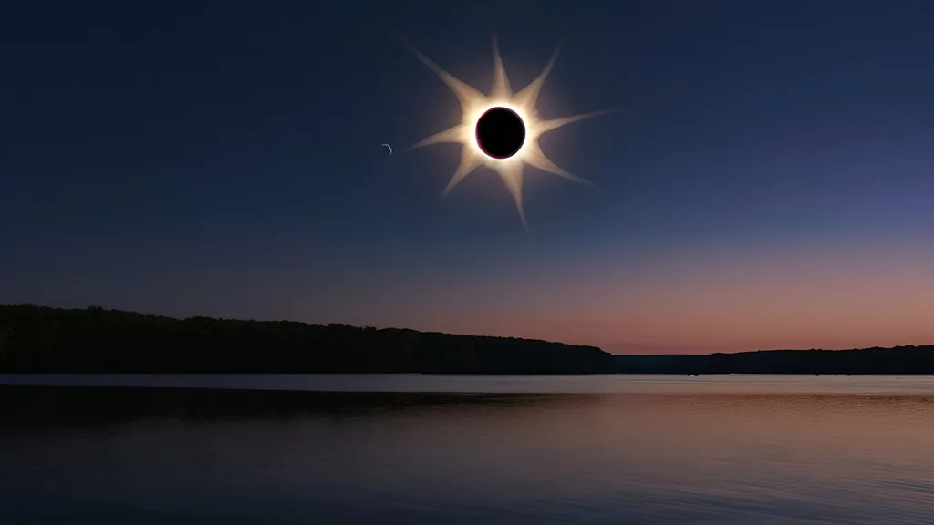 Prompt: (Photorealistic total solar eclipse), Monroe Lake beach, Bloomington Indiana, realistic (moon) and (sun) creating an eclipse, twilight lighting, 360 sunset, high dynamic range, deep navy blues blending into purples and pinks in the sky, reflections on the water, soft gentle waves, sandy shore with light textures, subtle shadows and highlights, serene and awe-inspiring atmosphere, high resolution, ultra-detailed, 4K.
Total solar eclipse 