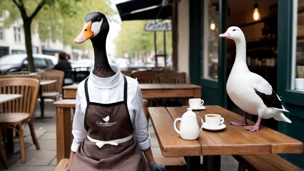 Prompt: A goose dressed in a barista apron serving coffee to other birds, like pigeons and ducks, who are sitting at tiny café tables.