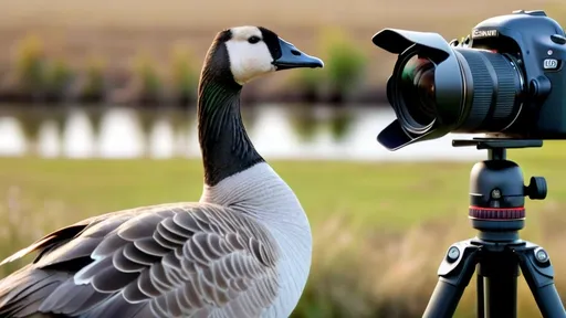 Prompt: (photorealistic) scene of a (goose using wings) to operate a camera on a tripod, the goose is standing on two flippers upright, capturing other birds in the distance, vibrant colors of a serene natural landscape, lush greenery surrounding the area, dynamic interplay of light and shadows, highlighting the charming curiosity of the goose, ultra-detailed, crisp focus on the intricate feather patterns and camera equipment.