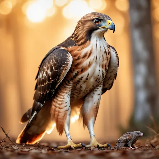 Prompt: Photorealistic image of a (majestic red-tail hawk) walking towards the camera, (dead mouse) clutched in its beak, showcasing detailed feathers, intense eyes, and dynamic pose. The background features a soft, blurred natural environment with warm, golden lighting that enhances the scene, creating an immersive and vivid atmosphere. High quality, ultra-detailed.