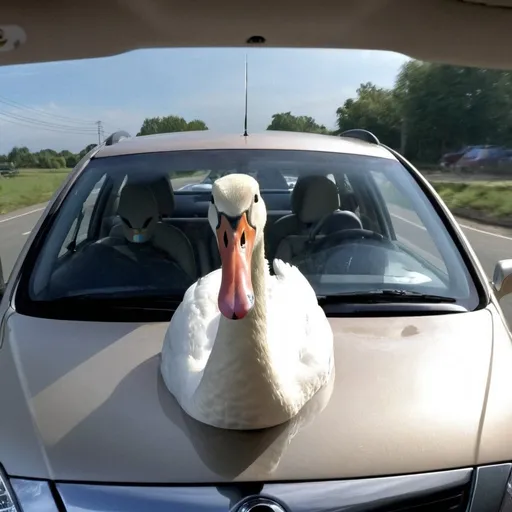 Prompt: A photorealistic scene of a mute swan driving a 2016 Nissan Versa. The camera angle is positioned on the hood of the car, facing the swan as it grips the steering wheel with its wings. The swan's feathers are slightly ruffled, and its eyes are focused intently on the road. The dashboard of the car is visible in the background, with the reflections of the swan and the sky visible on the windshield. The lighting is natural, capturing the textures and details of the swan's feathers and the car's metallic surface."