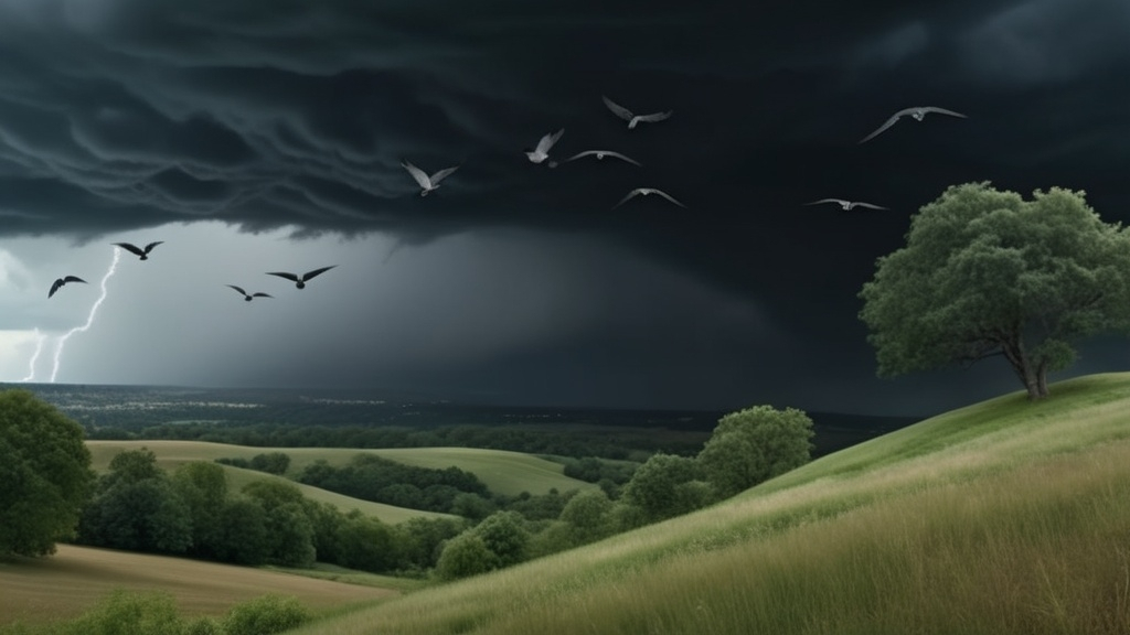 Prompt: (photorealistic) rolling hills landscape, (ominous looming thunderstorm), dark, puffy, swirling clouds, intense natural lighting, (dramatic atmosphere), leafs blowing fast across the ground, flocks of birds swirling chaotically towards trees, rich detail in foliage, stormy sky casting eerie shadows, (4K), (ultra-detailed), conveys a sense of urgency and tension in nature.