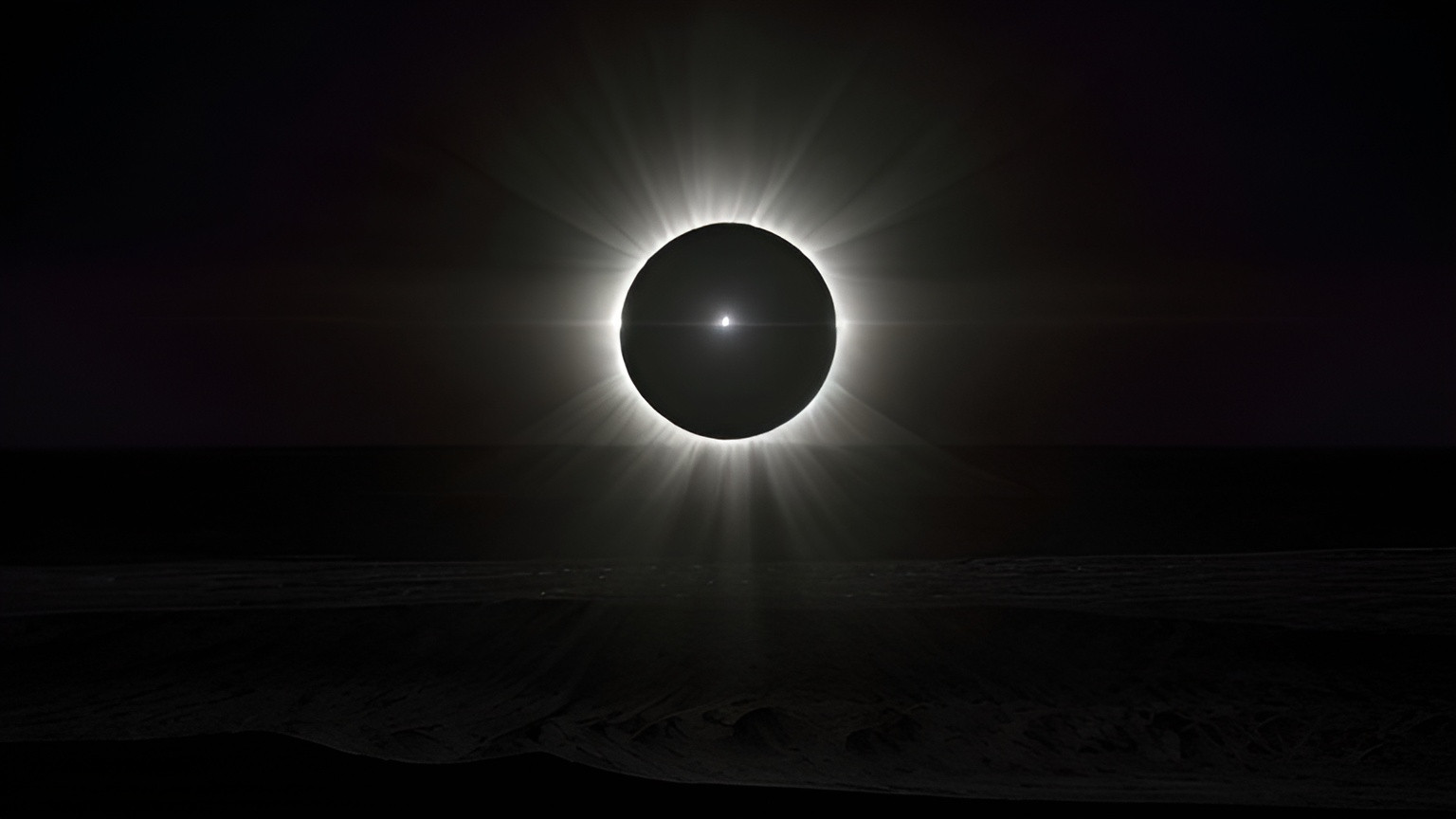 Prompt: (total solar eclipse), dramatic contrast between the bright corona and darkened sky, vivid cosmic colors, celestial spectacle, ethereal glow, mysterious and awe-inspiring atmosphere, shadowed horizon, faint twilight, streaks of light and shadow, stunning details in 4K, ultra-detailed, sublime beauty, high-quality, deep, star-filled sky, serenity, sense of wonder, tranquil yet powerful, masterpiece.