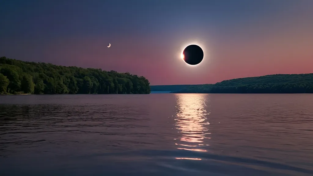 Prompt: (Photorealistic total solar eclipse), Monroe Lake beach, Bloomington Indiana, realistic (moon) and (sun) creating an eclipse, twilight lighting, 360 sunset, high dynamic range, deep navy blues blending into purples and pinks in the sky, reflections on the water, soft gentle waves, sandy shore with light textures, subtle shadows and highlights, serene and awe-inspiring atmosphere, high resolution, ultra-detailed, 4K.
Total solar eclipse 