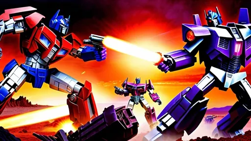 Prompt: (Photorealistic), (surrealism style), (dynamic contrast), (dynamic lighting), highly detailed image of Optimus Prime and Megatron engaged in an intense battle on the metallic alien planet Cybertron, chaotic backgrounds with other transformer mechs clashing fiercely, color palette with one side glowing red hue and the other deep purple hue, vibrant details, epic atmosphere, dramatic scene, ultra-detailed, HD.