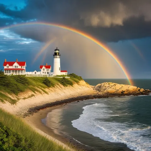 Prompt: Double rainbow over a lighthouse on Cape Cod, Massachusetts, vibrant colors, dramatic skies, coastal scenery, majestic maritime element, lush greenery, reflective ocean water, ethereal lighting, captivating atmosphere, rugged shoreline, photorealistic, ultra-detailed, HD, high resolution landscape, breathtaking vistas, captivating nautical landscape, towering light beacon, expansive ocean horizon, dynamic contrast of light and color, serene, awe-inspiring mood, cinematic depth.