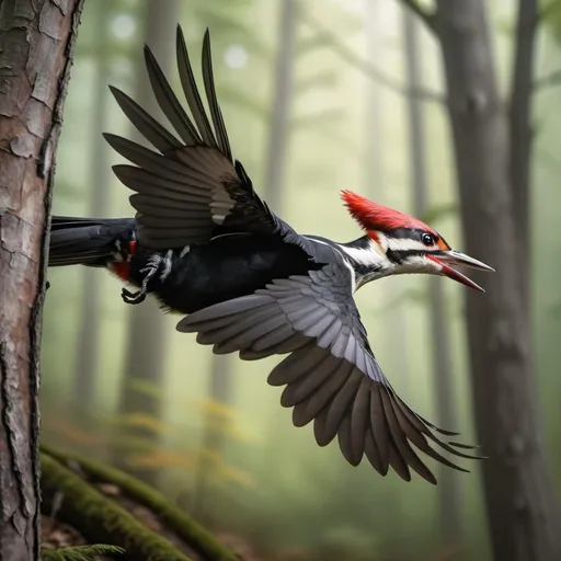 Prompt: Photorealistic image of a pileated woodpecker in flight, wings spread, intense eye contact, forest background, distant stream, high quality, photorealism, detailed feathers, realistic colors, vibrant nature, focused lighting, detailed background, realistic textures, natural tones, 