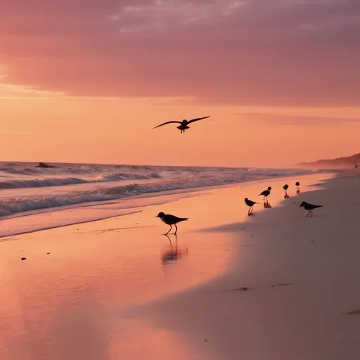 Prompt: (Cape Cod Massachusetts beach at sunset), vibrant orange and pink hues, Cormorants flying in the distance, piping plover birds standing on the beach looking forward, dramatic lighting, serene and peaceful atmosphere, gentle waves lapping against the shore, golden sand, silhouettes of birds against the sunset sky, ultra-detailed, 4K, high depth cinematic masterpiece, captivating seascape, tranquil background, photorealistic, breathtaking coastal scenery.