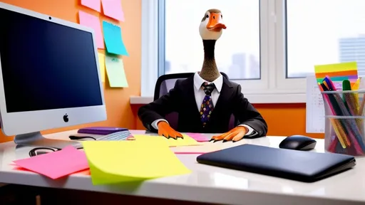 Prompt: (photorealistic) a whimsical goose dressed in a crisp business suit, elegantly perched at a polished office desk, immersed in typing on a sleek computer, surrounded by a flurry of colorful sticky notes and assorted office supplies, warm ambient lighting illuminating the scene, presentation of a clever and humorous workplace atmosphere, (ultra-detailed)