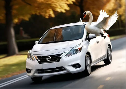 Prompt: Illustrate photorealistic scene of a mute swan driving a 2016 white Nissan Versa. The swan should be seated in the driver's seat, its wings extended and delicately gripping the steering wheel with their tips. Capture the swan’s graceful posture and detailed feathers, ensuring the focus is on its elegant interaction with the car’s interior. The car should be depicted in a dynamic angle, emphasizing motion as if the swan is driving smoothly. The background can be a simple, unobtrusive setting to keep the focus on the swan and the car.

