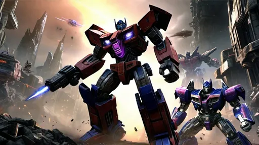 Prompt: (photorealistic) Transformers: War for Cybertron scene, action-packed atmosphere, dramatic lighting, metallic colors, high-detail robot characters, intense battle landscape, massive Cybertron structures, dynamic poses, with futuristic explosions and debris, designed for an Xbox 360 console background, ultra-detailed, cinematic quality, stunning visual impact, immersive gaming experience.