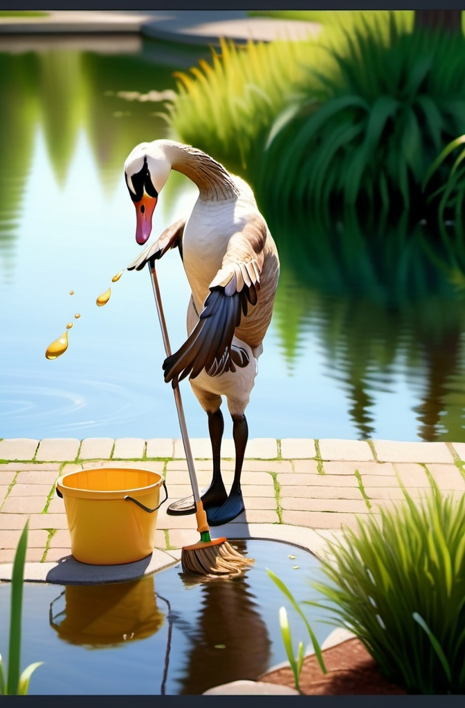 Prompt: (photorealistic) image of a goose diligently mopping up goose poop on standing upright, holding the mop with its wings, a sidewalk alongside a serene pond, vivid colors, highly detailed feathers, expressive gaze, flawless natural environment, gentle ripples on the water surface, lush greenery in the background, soft sunlight casting warm shadows, capturing a whimsical yet comical scene, ultra-detailed, high definition.