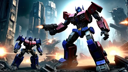 Prompt: (photorealistic) Transformers: War for Cybertron scene, action-packed atmosphere, dramatic lighting, metallic colors, high-detail robot characters, intense battle landscape, massive Cybertron structures, dynamic poses, with futuristic explosions and debris, designed for an Xbox 360 console background, ultra-detailed, cinematic quality, stunning visual impact, immersive gaming experience.