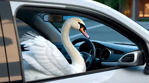 Prompt: A photorealistic image of a mute swan sitting in the driver's seat of a white Nissan Versa 2016, captured from outside the car, the swan is behind the glass sitting on the drivers seat. The scene is set in the late afternoon with dynamic lighting highlighting the contours of the car and the swan. Realistic reflections on the car windows and body, with detailed glass transparency effects allowing the swan's graceful posture to be visible through the window. The composition is highly detailed with sharp focus, emphasizing the textures of the car's interior and the feathers of the swan. Subtle environmental reflections on the car's surface add to the realism, dynamic contrast, and shadowing to enhance the depth of the image. (photographic:1.3), (realism:1.2), (high detail:1.4), (dynamic contrast:1.2).