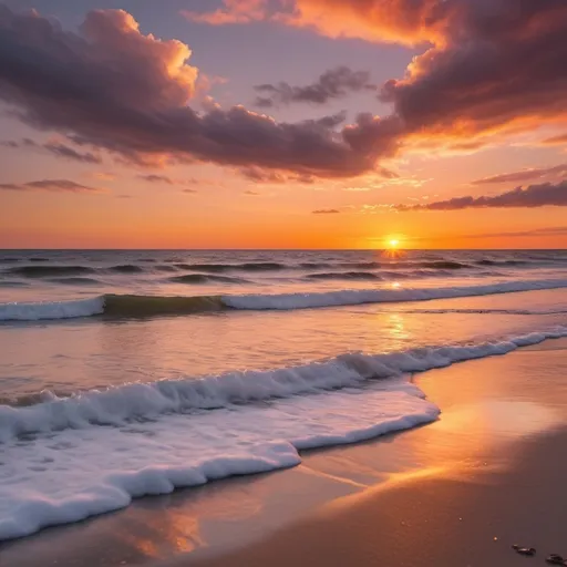 Prompt: (Dramatic sunset on Cape Cod Massachusetts), piping plovers flying in the distance, fluffy clouds, vibrant colors, warm golden hues, intense oranges and pinks, serene atmosphere, gentle waves, reflective ocean, serene horizon, picturesque coastline, detailed foreground and background, high-depth cinematic masterpiece, ultra-detailed, 4K quality, ethereal lighting, tranquil, heightened sense of peace and beauty, enhanced contrast and clarity, expansive sky.