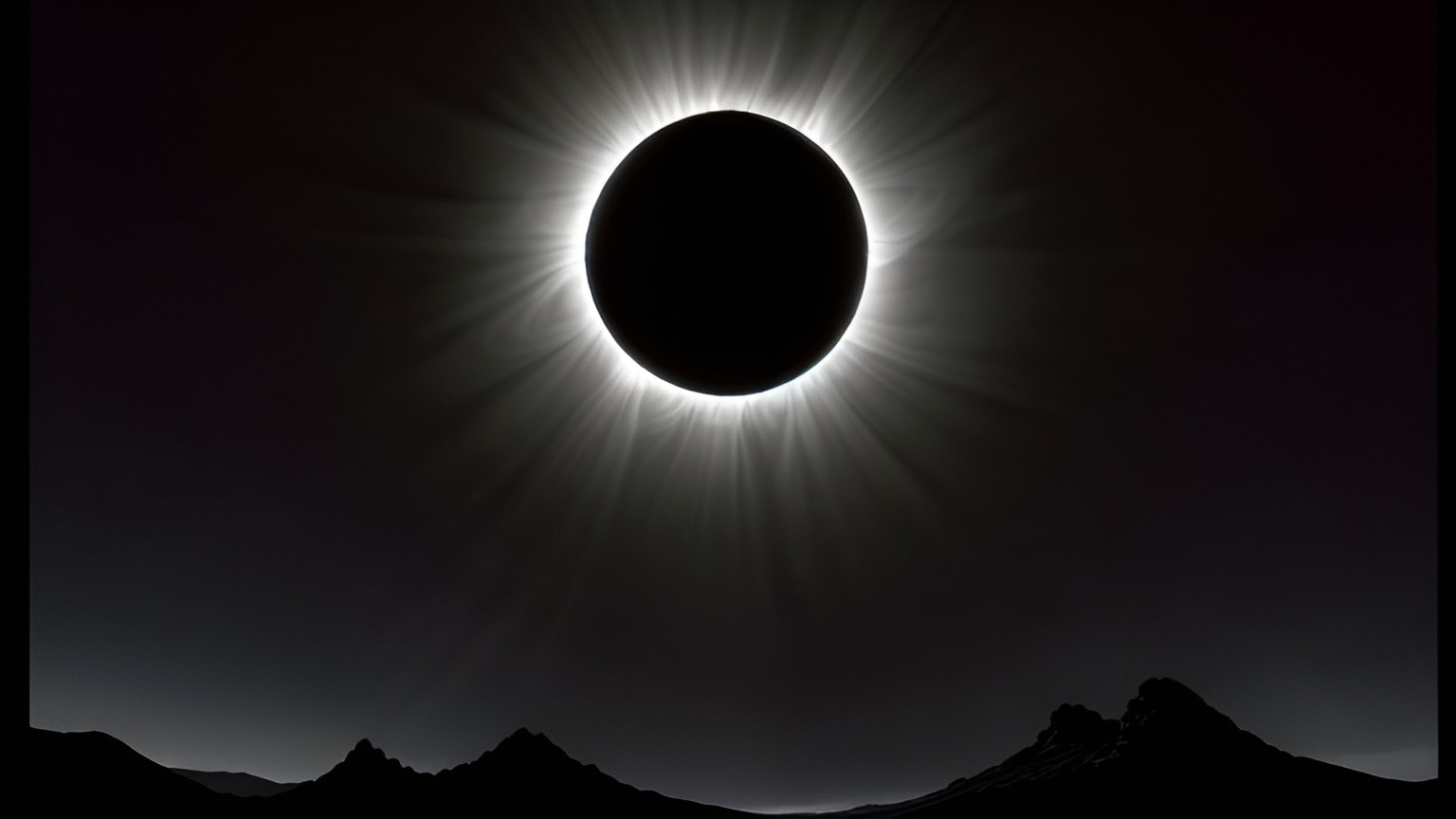 Prompt: (total solar eclipse), dramatic contrast between the bright corona and darkened sky, vivid cosmic colors, celestial spectacle, ethereal glow, mysterious and awe-inspiring atmosphere, shadowed horizon, faint twilight, streaks of light and shadow, stunning details in 4K, ultra-detailed, sublime beauty, high-quality, deep, star-filled sky, serenity, sense of wonder, tranquil yet powerful, masterpiece.