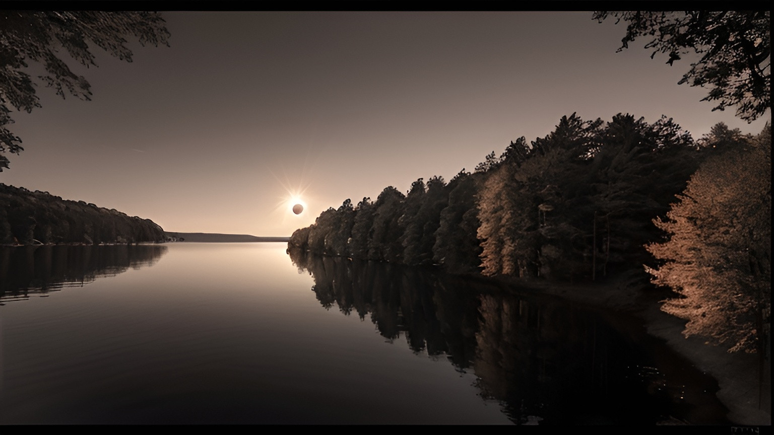 Prompt: Photorealistic image of a total solar eclipse as viewed from a lakeside beach, trees on the opposite sides of the shoreline, 360 degree sunset, twilight lighting, dramatic shifting colors, deep shadows, high contrast, serene and awe-inspiring atmosphere, mirror-like reflections on lake water, ultra-detailed, cinematic masterpiece, warm and cool tones blending seamlessly, 4K.