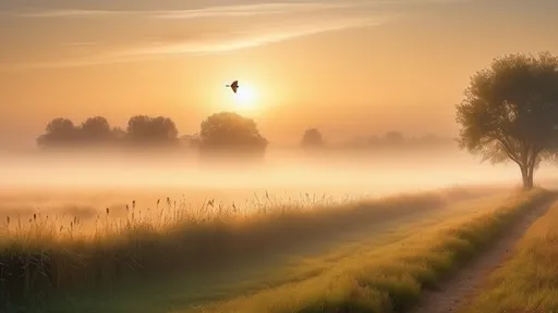 Prompt: (photorealistic) magnificent grassy field, ethereal morning fog, (golden hour) sunlight illuminating, a bird perched on a bush, aromatic nature vibes, gentle breezes, birds breath visible in the crisp air as it signs, serene and tranquil atmosphere, (ultra-detailed) captivating colors, soft warm tones, peaceful landscape, harmony with nature, enchanting rural scene, photorealistic, dynamic lighting, dynamic contrast 